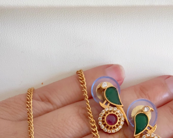 Contemporary Bird Fusion Moissanite Kundan  Pendant Set/chain with trendy  bird pendant //Uncut Moissanite Pendant & Stud Earrings Set