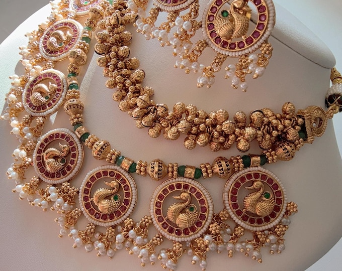 Ruby Green Peacock Mala Necklace  //Guttapusalu necklace /Temple jewelry/South Indian jewelry/Bridal  Ruby green necklace/