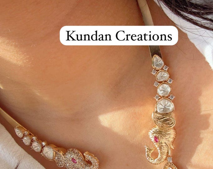 Moissanite diamond Kundan gold elephant  hasli necklace/Polki Kundan Diamond hasli / Hasli choker/Indian Wedding jewelry