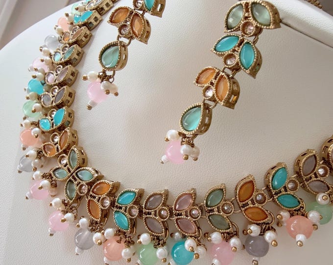Antique Polki Multi light colors Kundan necklace/Wedding necklace/Multi necklace/Indian necklace/Indian jewelry/Earrings and Tikka set