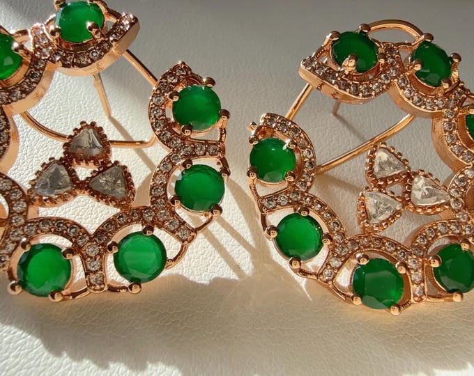 Loop Diamond Stud Earrings/Moissanite  Kundan green  Studs /Indian Jewelry / /Diamond green Studs