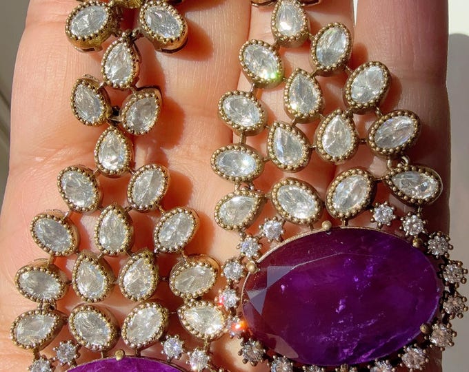 Purple Doublet Stone Moissanite kundan Earrings/Elegant Statement Jewelry/Purple Moissanite Earrings/Bridal Diamond Purple earrings