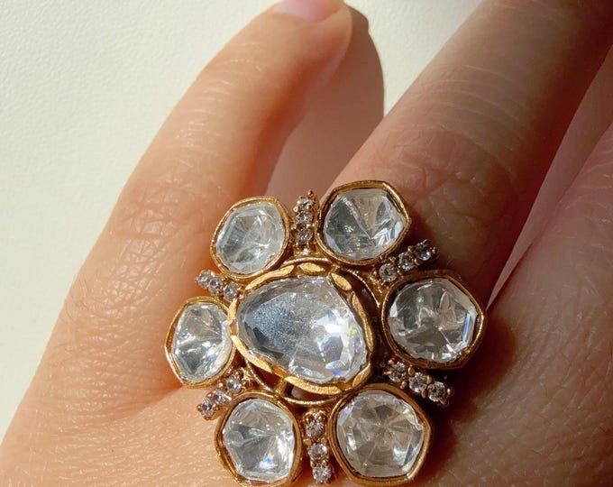 Bridal Kundan Moissanite  diamond Ring/Adjustable Ring/Double Finger Kundan Statement Ring /Indian Wedding jewelry/Two Finger Kundan ring