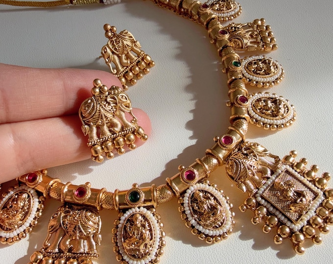 Matte Gold Plating Temple Gold necklace/ Indian Gold Necklace Set/ /gold choker /South Indian jewelry/Indian Wedding jewelry