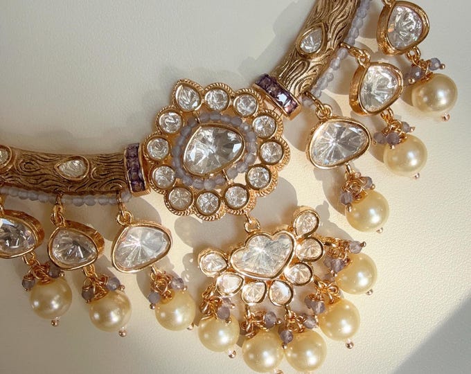 Moissanite light purple  kundan hasli necklace set with jhumka earrings/Diamond  Hasli /Purple  Rajwadi Hasli /Indian Wedding jewelry