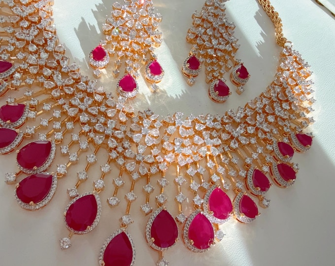 2 Tone Ruby diamond bridal necklace /Indian jewelry/CZ bridal necklace/Ruby CZ Diamond necklace/Heavy look next to real diamond necklace