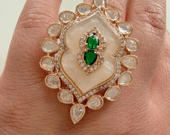 Bridal Kundan Moissanite Gold emerald diamond Ring/Moissanite Mother of Pearl green Ring/ Kundan Statement Gold Ring /Indian Wedding jewelry