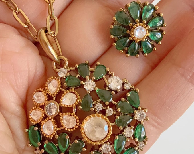 Moissanite Kundan Pendant Set/Moissanite Kundan Pendant studs set / Indian Bridal Jewelry/Uncut Moissanite Pendant & Stud Earrings Set