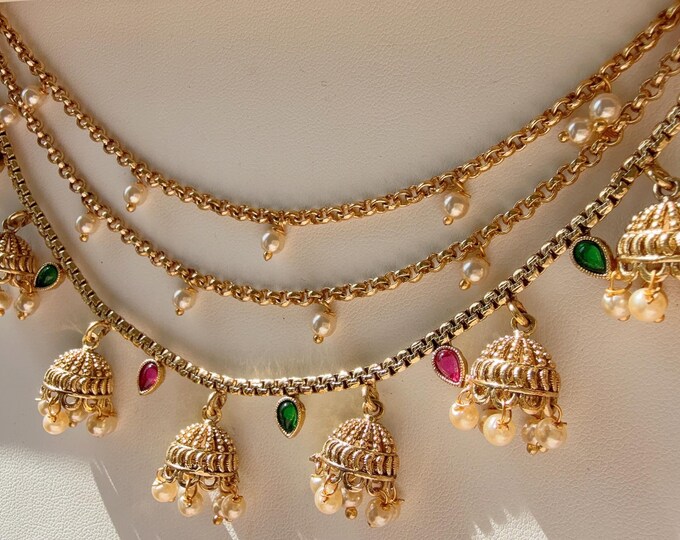 Antique rajwadi finish  triple pearl  Ear Chain pair /Ruby green Sahare/Earring support chain/Kaan sahara/ /Bahubali Earrings/Indian Jewelry