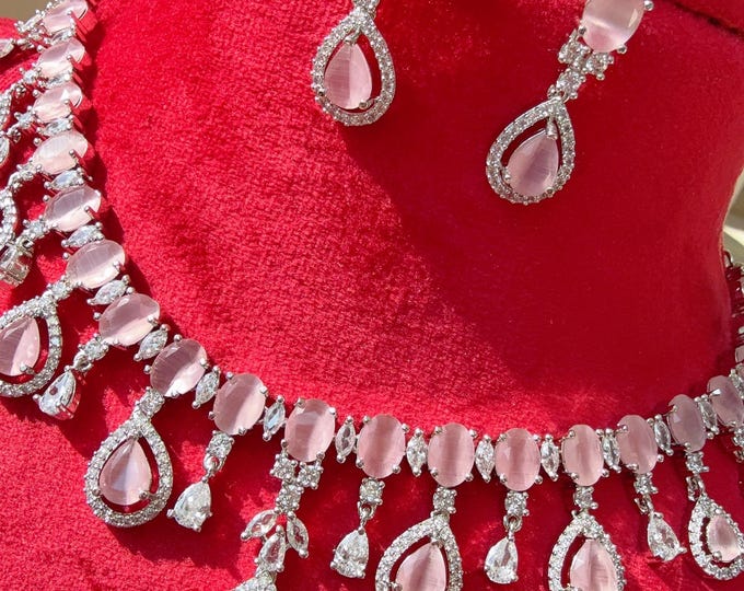 Silver  Necklace diamond  Baby pink necklace /Indian jewelry/ CZ Choker/Bridal choker/ Indian Necklace/silver  diamond choker