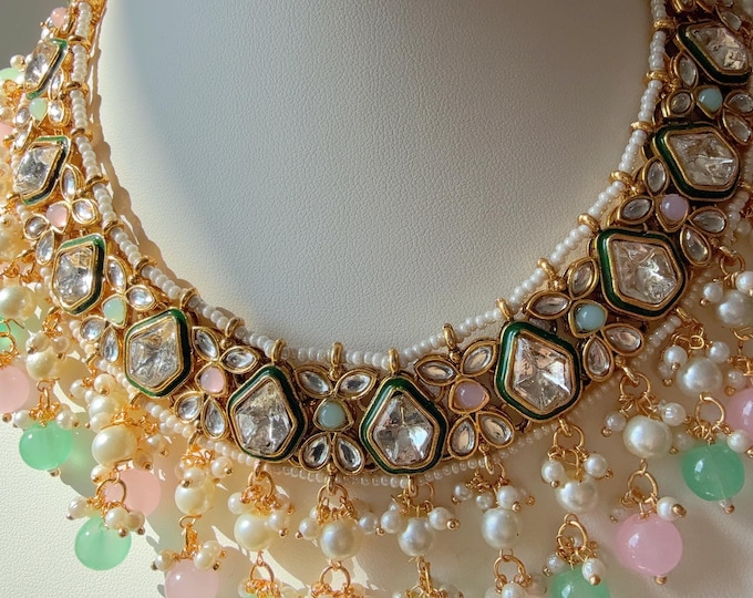 Mint Pink kundan Polki Kundan necklace Set/Kundan Choker/Indian wedding jewelry/Bridal necklace set/mintpink wedding Necklace