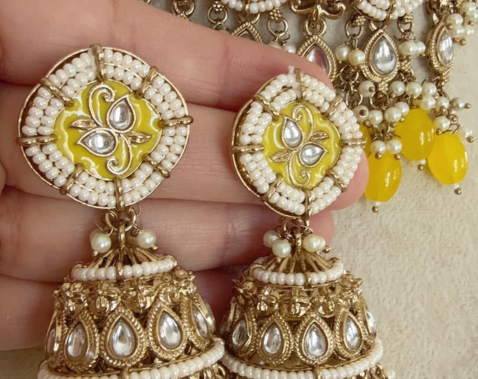 Yellow  kundan choker /Pearl Kundan Necklace Set with long jhumka /Kundan Yellow Choker/bridal necklace/Indian wedding jewelry/