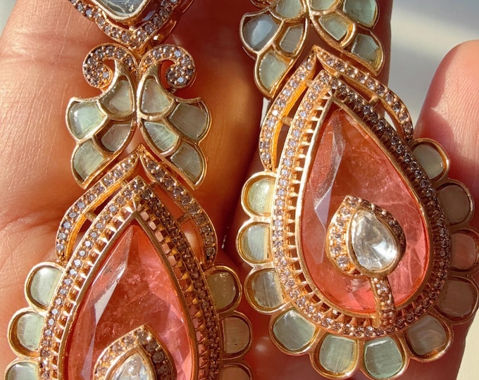 Sabyasachi-Inspired Moissanite kundan Earrings/Elegant Statement Jewelry/Antique Moissanite Mint pink shade Earrings/Bridal Diamond earrings