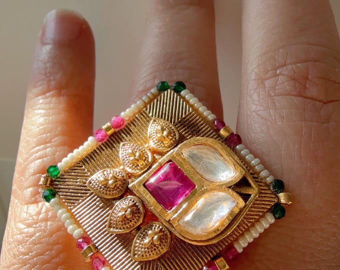 Gold plated Ruby green Moissanite kundan ring / Indian Ring/ Indian Jewelry/Indian Wedding jewelry/bridal finger ring