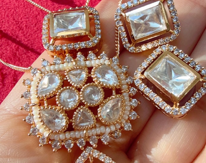 Moissanite stone Blue   long chain necklace Set/Kundan Stone long Necklace/ Indian wedding Jewelry/Moissanite Kundan  Jewelry