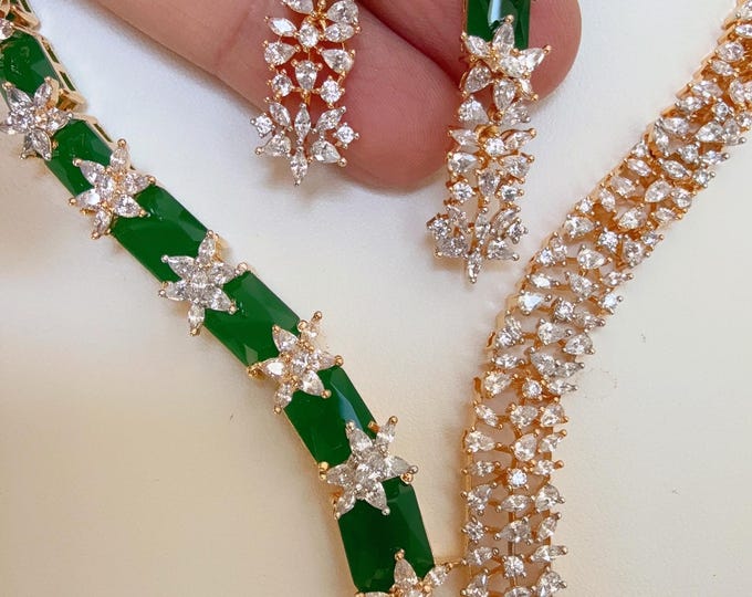 2 tone  Diamond emerald  Necklace  /Indian jewelry/ CZ green 2 tone Choker/Bridal choker/Indian Necklace/Emerald  diamond necklace