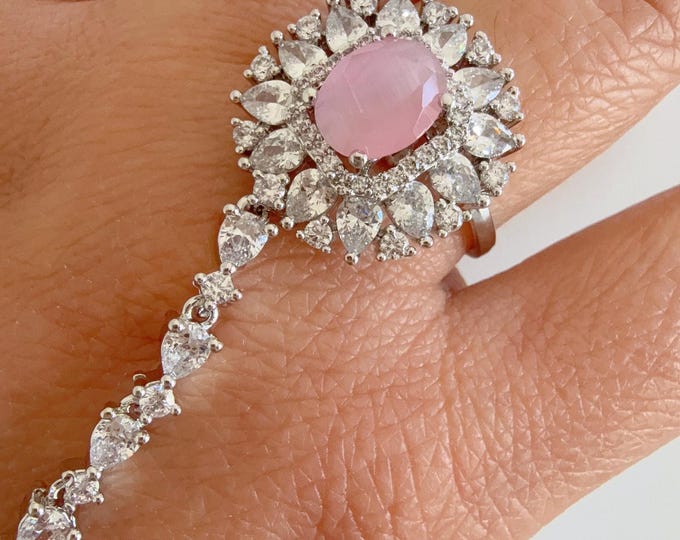 Baby Pink Silver diamond  single haath phool /hand harness/Indian Jewelry/Hand Jewelry/ Baby Pink Haath phool/Hand Chain Bracelet for Her