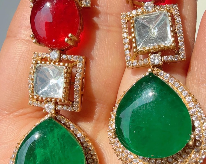 Sabyasachi-Inspired Diamond Doublet Ruby Green kundan Earrings/ Statement Jewelry/Diamond Moissanite doublet clubbed together Earrings/