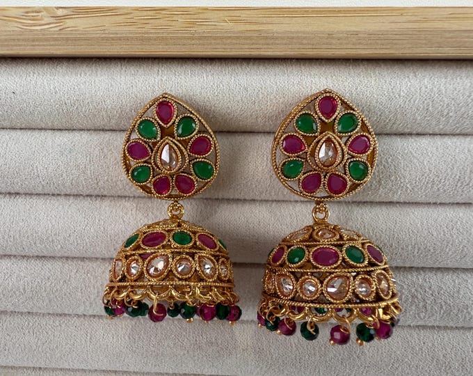 Gold plated Polki Jhumka /Polki jhumka Earrings  / Dangle Drop Multi  Jhumkas /Indian wedding/Kundan Jhumka/ Bridesmaid Earrings