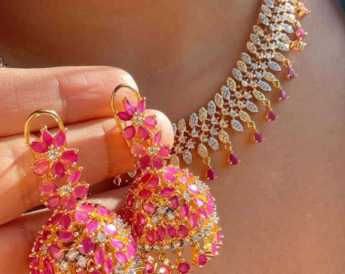 2 Tone  Diamond Ruby Necklace with jhumka /Indian jewelry/ CZ Choker/Bridal choker/Diamond choker/ Indian Necklace/ Ruby diamond choker