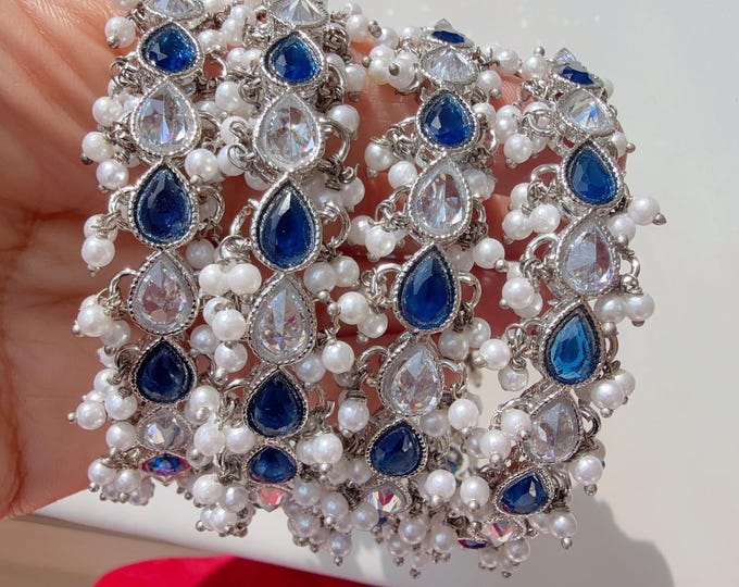 silver blue  Kundan Bangles/Polki Kundan  Pearl Bangles Set(4 Pc) /Silver blue  Kundan Bangles/Blue kundan bangles/Indian Bangles