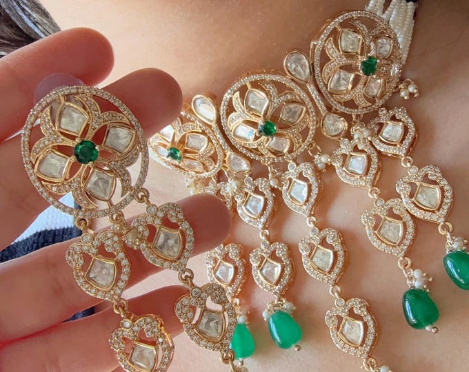 Bridal Moissanite green choker necklace set/Moissanite choker Necklace / Indian Bridal Jewelry/Indian Wedding bridal  jewelry
