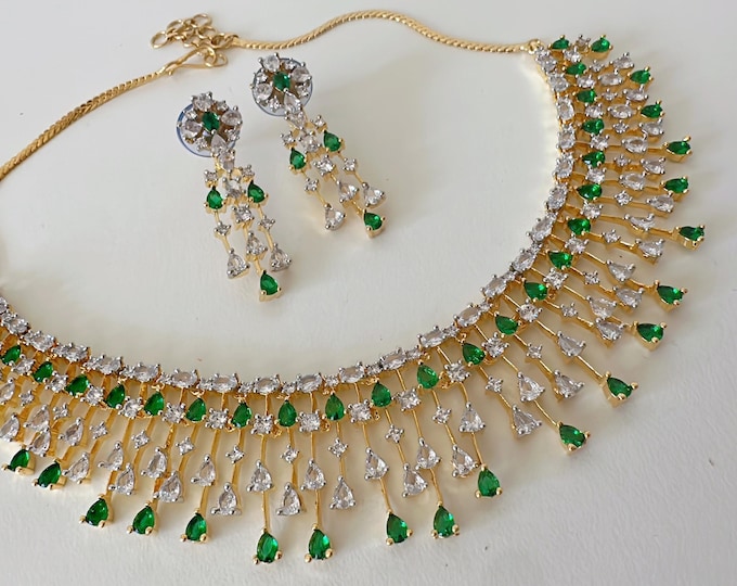 Rain Diamond Necklace 2 tone emerald  Indian jewelry/ CZ Choker/Bridal choker/green Diamond choker/ /2 tone green diamond diamond choker