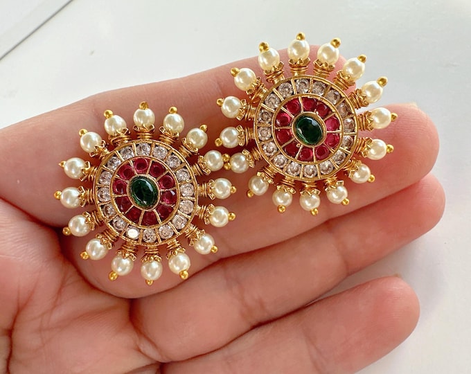 Kundan Stud Diamond Earrings /Indian Studs/Indian Jewelry/Ruby Green Studs/Statement Stud Earring/Kundan Stud Earrings