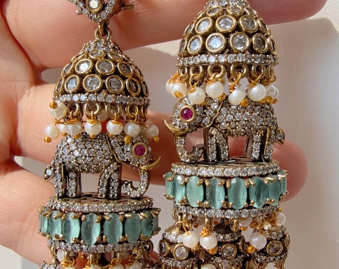 Sabyasachi-Inspired Victorian CZ Diamond Jhumka//Elegant Statement Jewelry/ Diamond elephant Earrings/Bridal Mint  Diamond earrings
