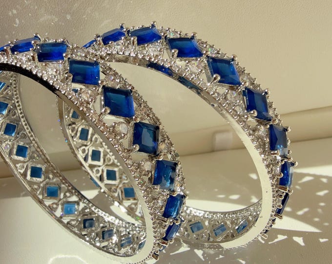 Sapphire Blue silver diamond Bangles/Sapphire Blue CZ Ad bangles//indian bangles/Indian Jewelry /bridal jewelry/American Diamond Bangles