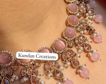 Baby Pink Kundan Polki Necklace Set, Antique Gold Indian Bridal Jewelry Set, Wedding Statement Necklace, Bridesmaid Jewelry - Tara