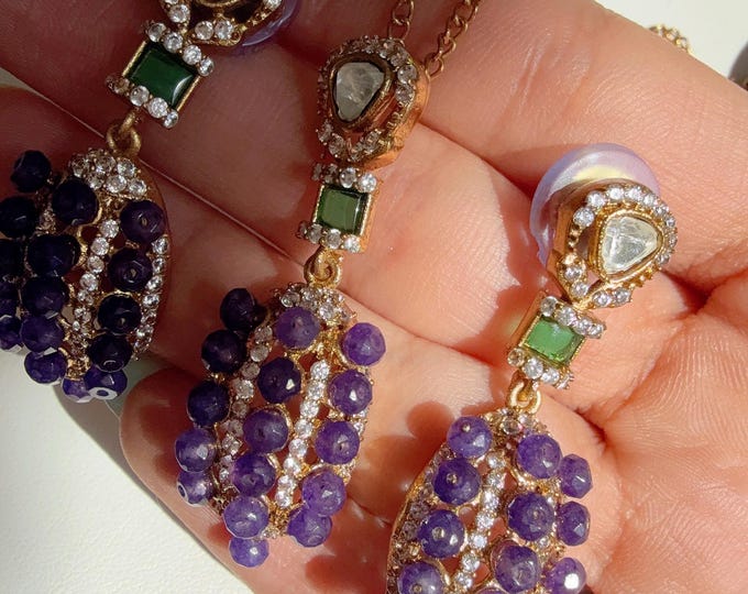 Moissanite Kundan Purple  Pendant Set/Moissanite Kundan Pendant studs set / Indian Bridal Jewelry/Uncut Moissanite Pendant  Earrings Set