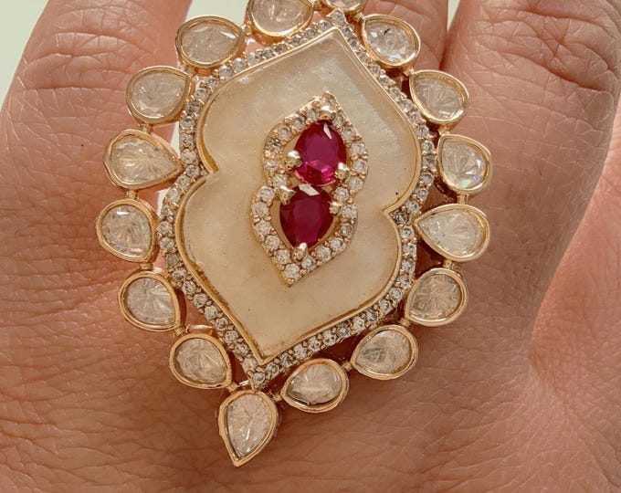 Bridal Kundan Moissanite Gold Ruby diamond Ring/Moissanite Mother of Pearl Ruby Ring/ Kundan Statement Gold Ring /Indian Wedding jewelry