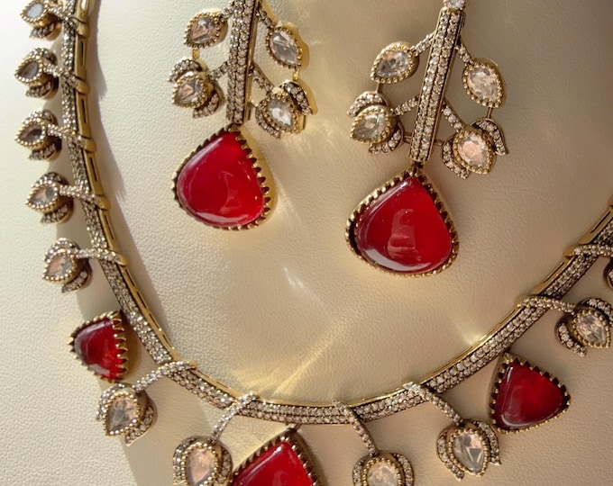 Moissanite doublet stones Ruby Necklace set /Doublet Uncut Kundan  Necklace Antique Finish/   Moissanite Ruby  Necklace Set