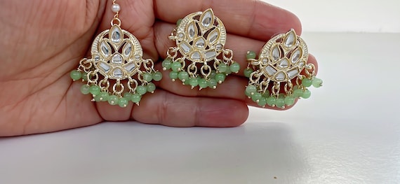 Petite Mint Kundan Tikka W/earring Set/kids Tikka Earrings Set