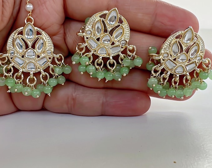 Petite Mint  Kundan Tikka w/Earring Set/Kids tikka earrings set/ Indian jewelry/jewelry/Girls Maang Tikka  set/Costume jewelry