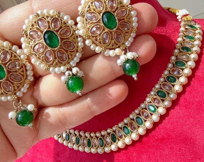 Antique Polki Kundan green necklace/Wedding necklace/Indian necklace/Indian jewelry/Kundan polki green choker