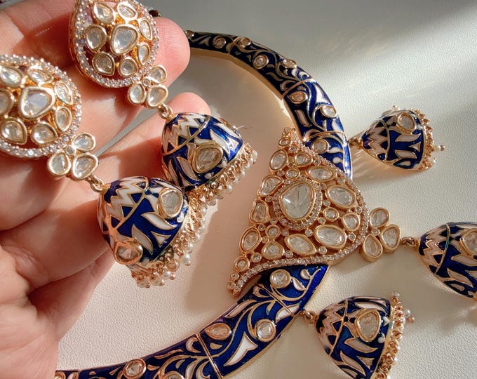 Meenakari Hasli Collar Necklace/Moissanite kundan Blue hasli Meenakari Haslsi with jhumka earrings/Diamond  Hasli / Rajwadi Blue Hasli