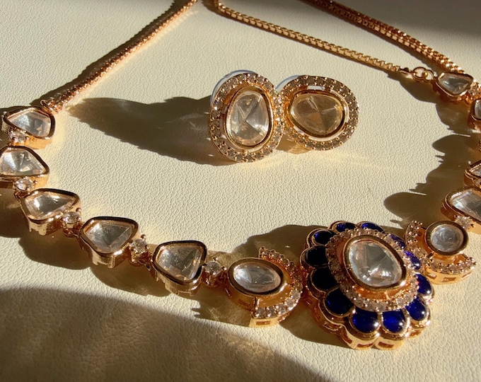 Blue Sabyasachi-inspired Moissanite  Kundan choker Necklace Set/Kundan Moissanite choker set  / Indian Jewelry/ Indian Wedding jewelry