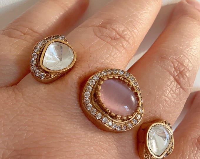 Baby Pink Kundan Moissanite diamond Ring/Adjustable Ring/Double Finger Kundan Ring /Indian Wedding jewelry/Two Finger Kundan ring