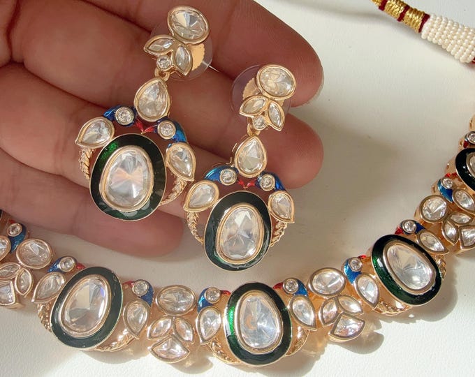 Moissanite Meenakari work  kundan Green necklace set with earrings/Jadau Kundan Necklace Set / Rajwadi Green necklace/