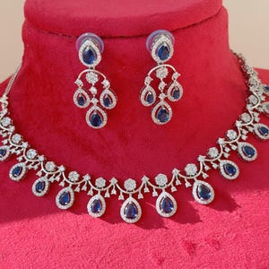 Blue  diamond  silver  necklace /Indian jewelry/ CZ Choker/Bridal choker/Diamond choker/blue diamond necklace