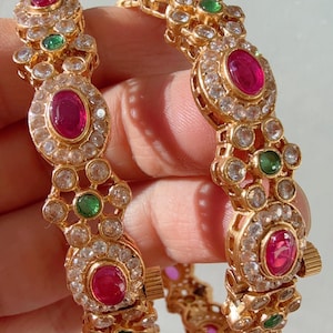 Diamond Ruby Green Gold Bangles Pair | Kemp Moissanite Antique Kada | Indian Bridal Bangles Set | Gold Plated CZ Wedding Jewelry
