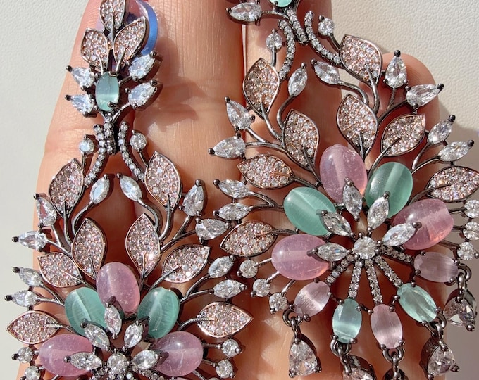Lightweight Rose Gold black  CZ  diamond  Chandelier Earrings/Diamond Chandelier Rose gold Mint pink Earrings/Flower Drop Dangle Earrings