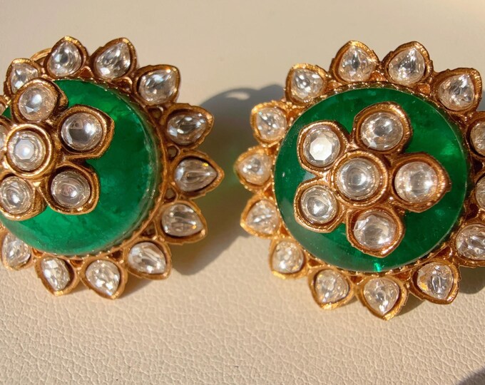 Green Emerald Doublet stud  Earrings/Moissanite  diamond Kundan Studs /Indian Jewelry /Statement Stud Earring
