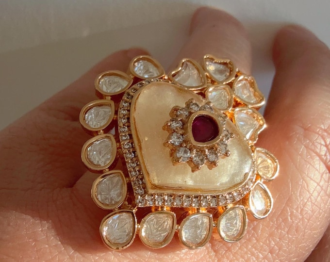 Moissanite Mother of Pearl Ruby Ring/Bridal Kundan Moissanite  diamond Ring/Finger Kundan Statement Ring /Indian Wedding jewelry/
