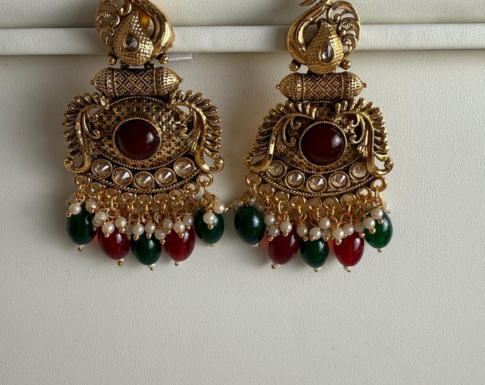 Gold plated Ruby Green peacock Wedding earrings/gold plated Earrings  /pearls Drop gold Jhumkas /Indian wedding/Kundan Jhumka
