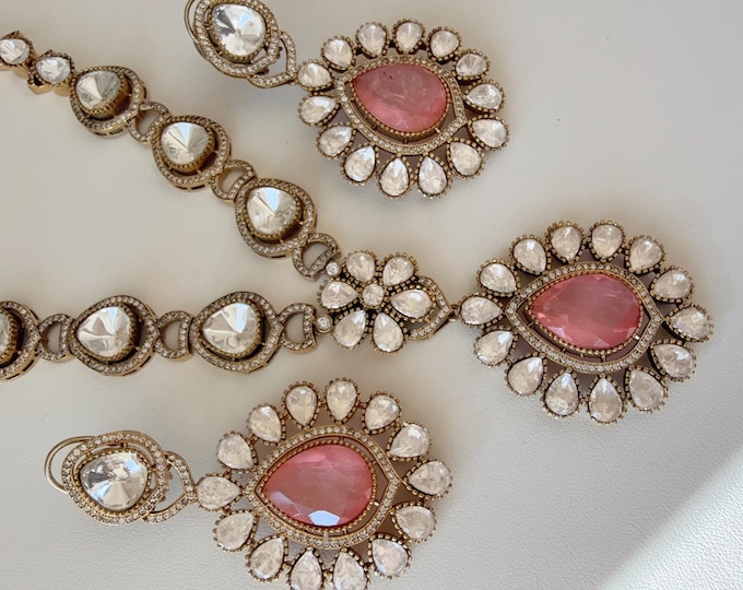 Doublet Kundan Jewelry Moissanite long necklace set/Kundan doublet Stone bridal Necklace / Indian Bridal Jewelry/Baby pink Moissanite set