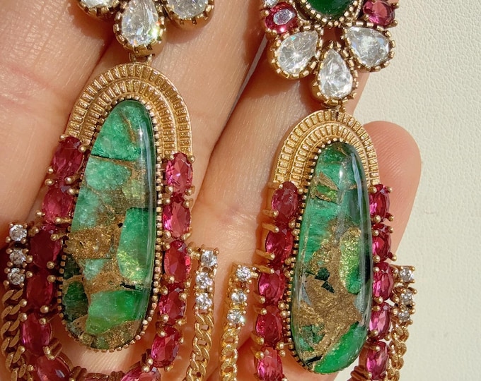 Sabyasachi-Inspired Moissanite Ruby Green Earrings/Elegant Statement Jewelry/ Moissanite Green  Earrings/Bridal Diamond earrings