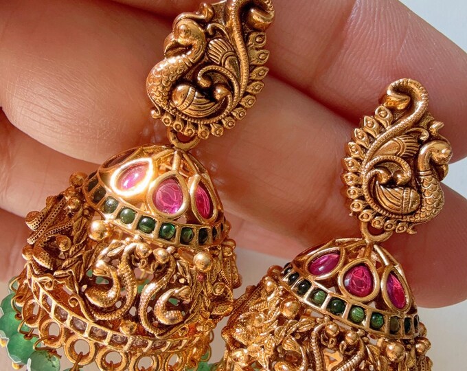 Kemp Gold plated Peacock jhumka /gold plated Earrings  / Dangle Drop Matt gold Jhumkas /Indian wedding/Kundan Jhumka/